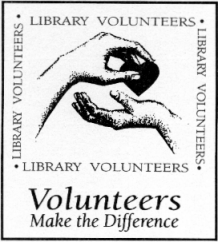 Black and white sketch of one hand passing a heart shape to another hand. Sketch surrounded on four sides by the words Library Volunteers