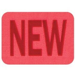 Rectangular pink decal with the word new in red capital letters